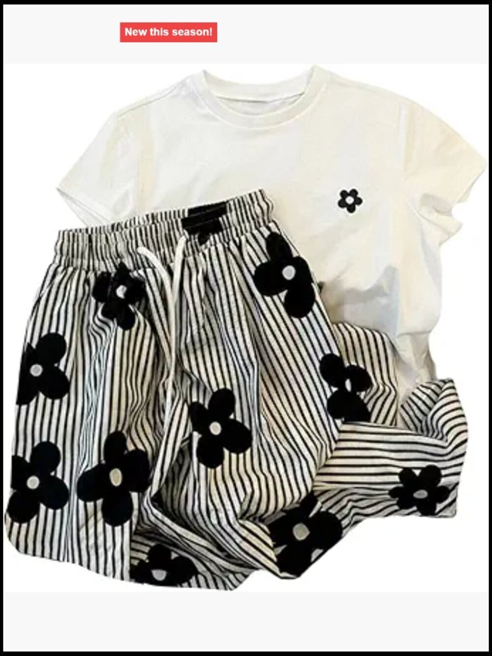 Women's 2 Piece Outfits Heart Embroidery Short Sleeve T Shirt Striped Pants Set
